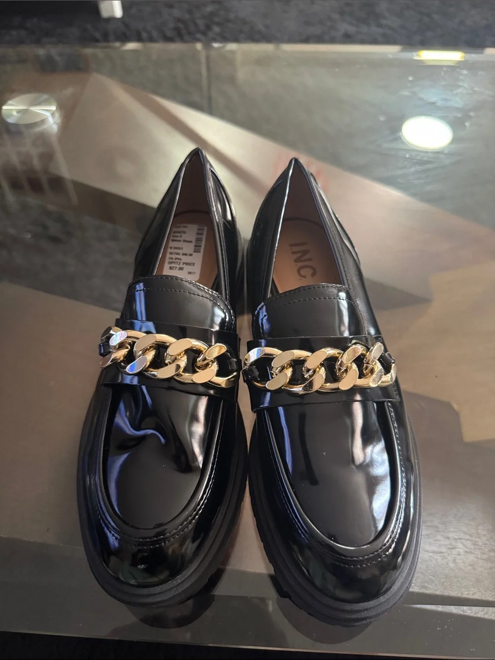 INC International Concepts Black Patent Loafers with Gold Chain